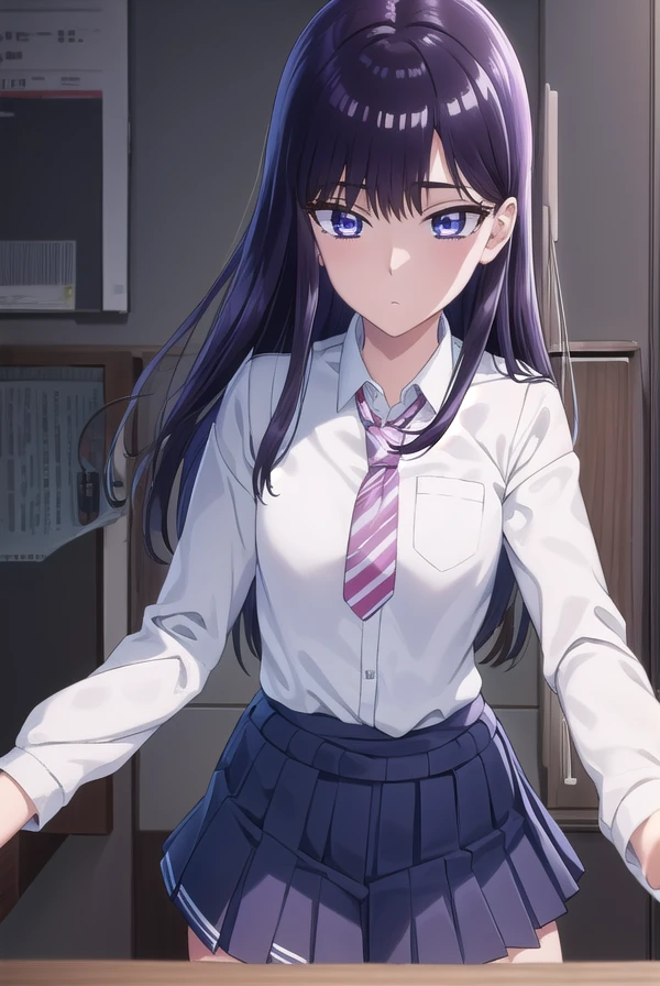 akiratachibana, <lora:akira tachibana s1-lora-nochekaiser:1>,
akira tachibana, long hair, black hair, (purple eyes:1.1),
BREAK skirt, shirt, school uniform, white shirt, pleated skirt, necktie, shoes, socks, striped, miniskirt, sweater, blue skirt, kneehighs, cardigan, black socks, loafers, sleeves rolled up, clothes around waist, striped necktie, jacket around waist, sweater around waist,
BREAK indoors, classroom,
BREAK looking at viewer, (cowboy shot:1.5),
BREAK <lyco:GoodHands-beta2:1>, (masterpiece:1.2), best quality, high resolution, unity 8k wallpaper, (illustration:0.8), (beautiful detailed eyes:1.6), extremely detailed face, perfect lighting, extremely detailed CG, (perfect hands, perfect anatomy),