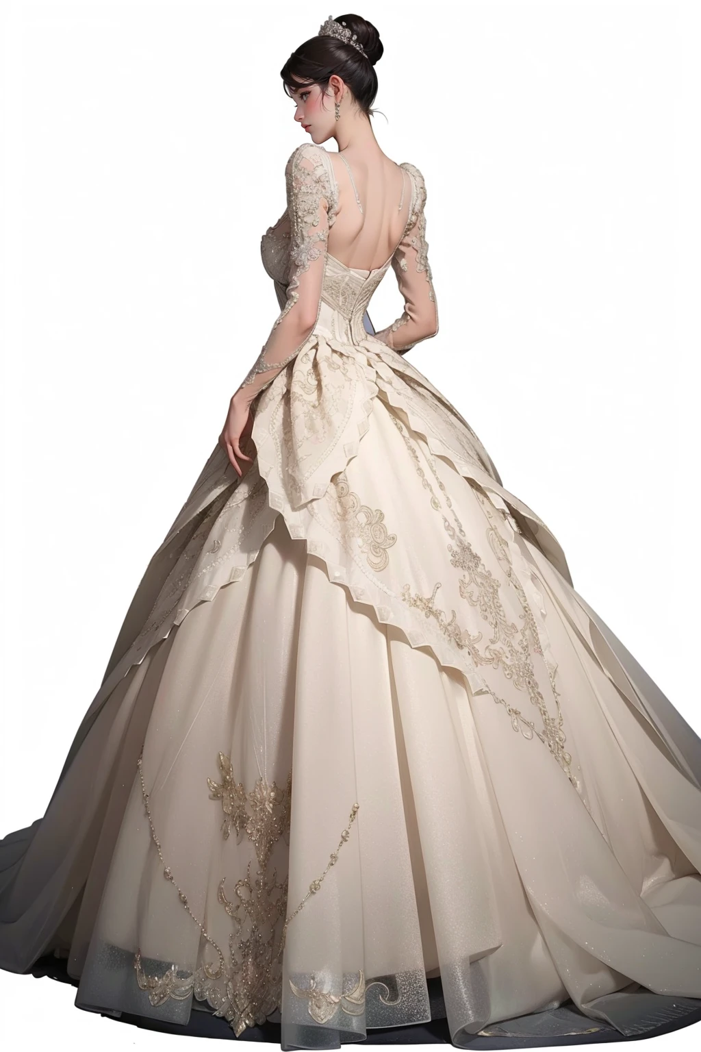 1girl,solo,medium breasts,outdoors,(white background),<lora:GoodHands-beta2:1>,(full body:1.3),standing,(from behind:1.1),<lora:0256 louvre queen_v1:0.9>,ruanyi0256,bridal veil,lace-trimmed dress,see-through,wedding dress,, (masterpiece, best quality, hires, high resolution:1.2), (extremely detailed, realistic, intricate details, highres), 3d, cg, bbw, shiny skin, , blush,, eyeliner, eyeshadow, eyelashes,, (gigantic breasts, saggy breasts:1.1), (cinematic lighting, sunlight, volumetric), looking at viewer, , vintage fantasy, 1960s \(style\), film grain,