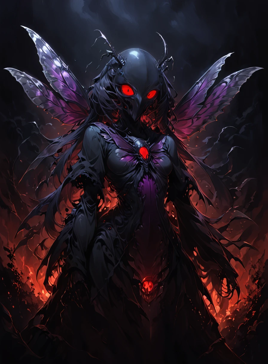 a demonic humanoid spider, night, fall weather, dark, creepy, fire, rain, demonic, glowing red eyes, horror, scary, 4 arms, 4 legs