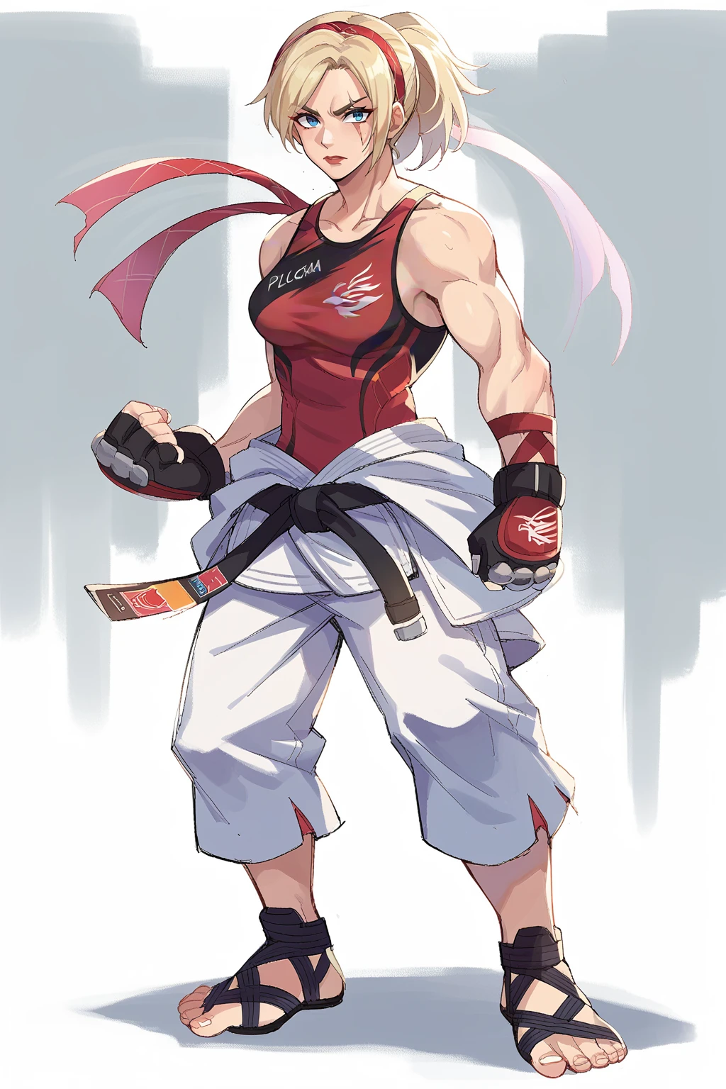 score_9, score_8_up, score_7_up, score_6_up, score_5_up, score_4_up, BREAK source_anime,solo
edgLidia,fingerless gloves,scar across one eye,ponytail,red hairband,black karate belt,clothes around waist,dougi,tank top, 1girl, solo, breasts, short hair, blue eyes, blonde hair, gloves, full body, hairband, belt, pants, muscular, toes, scar, sandals, scar on face, black belt, fighting stance, nose
 <lora:edgLidiaTekkenPonyv1:1>