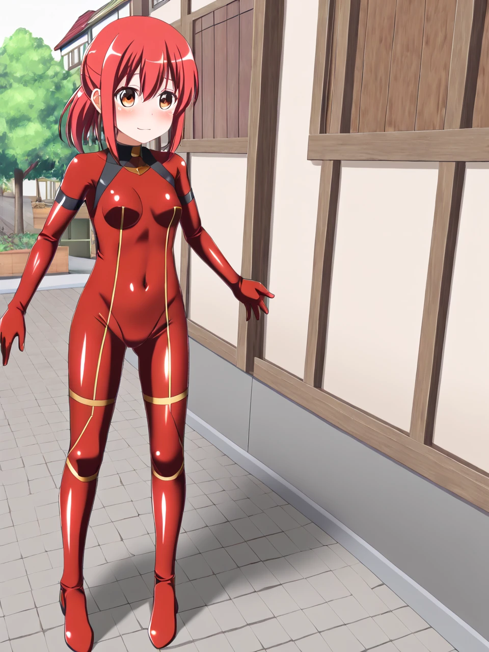 (art by konagi \(konotuki\):1.3), 1girl, standing, in a town, (town:1.4), red leather bodysuit, <lora:ConfettiTail:1>, red hair, solo