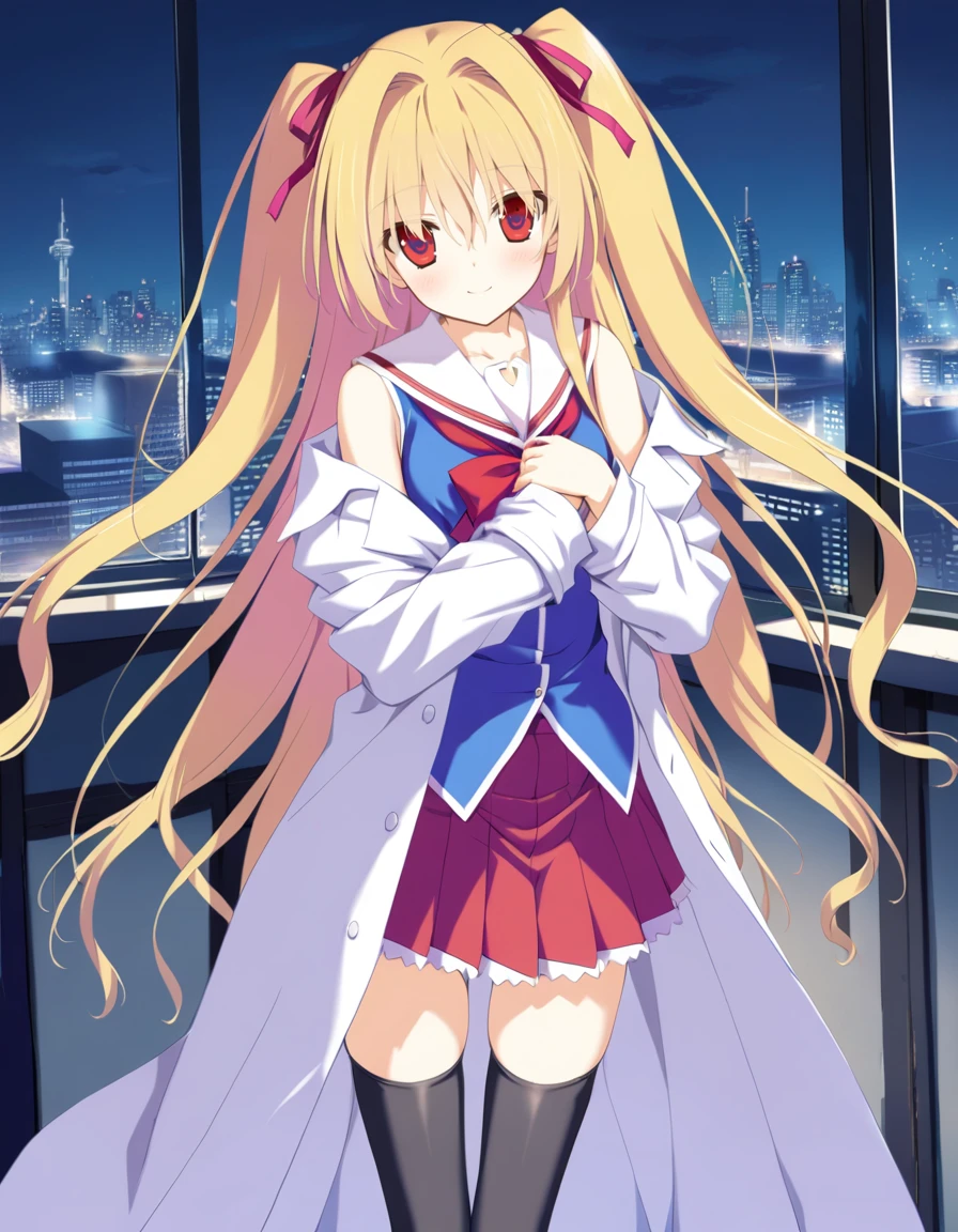 1girl,nikaidou shinku,smile,lab coat,cowboy shot,cityscape, school uniform,black thighhighs, best quality,masterpiece, <lora:nikaidou_shinkuAM:0.8>, covering chest by hand