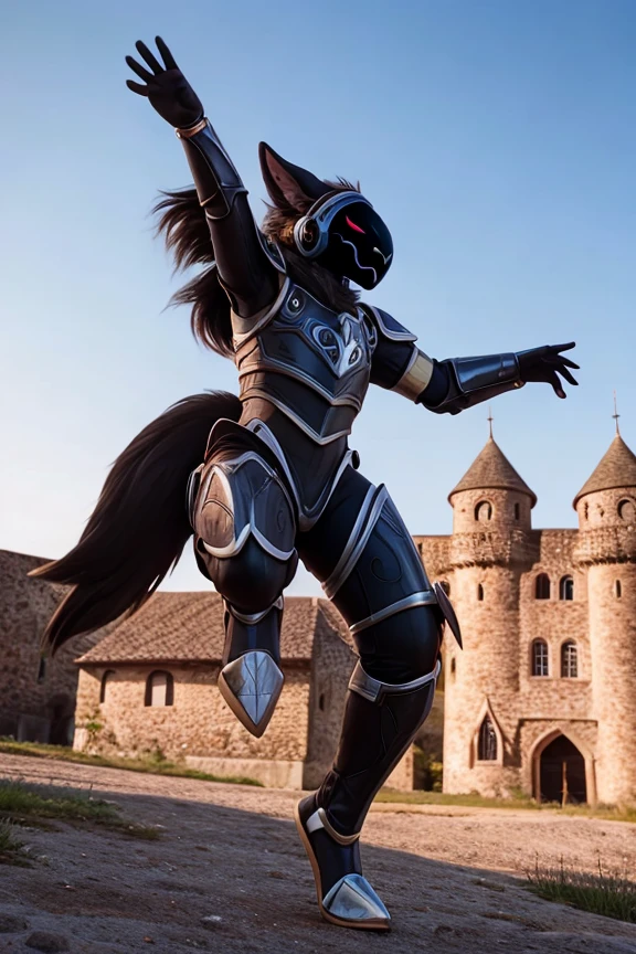 cinematic raw photograph of a knight, protogen armor, dynamic pose, medieval castle in the background