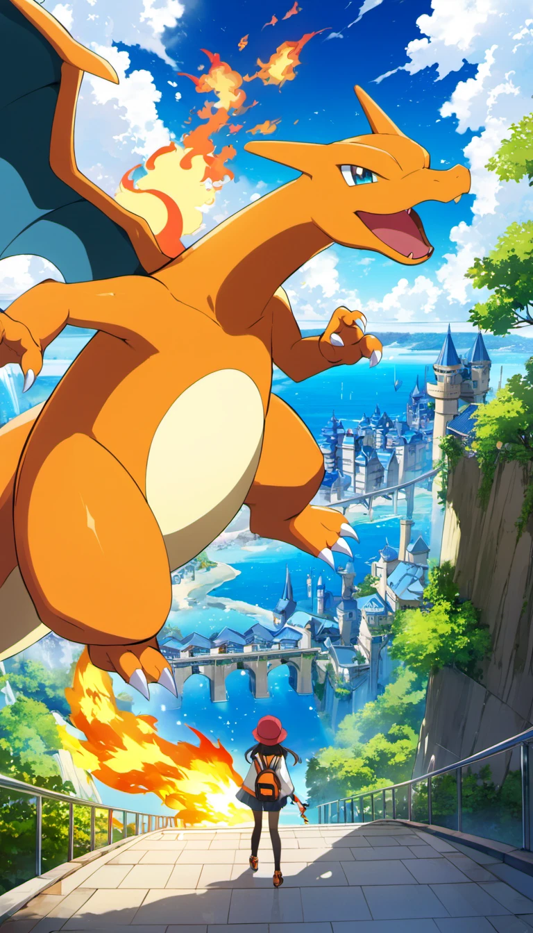 anime artwork charizard, vivid, scenery, detailed background, masterpiece, best quality, high quality, absurdres. anime style, key visual, vibrant, studio anime, highly detailed