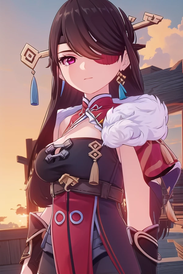 beidou, <lora:genshin beidou ingame-lora-nochekaiser:1>,
beidou, long hair, bangs, brown hair, black hair, hair ornament, (red eyes:1.3), (hair over one eye:1.5), (eyepatch:1.5), hairpin, (one eye covered:1.5), smile, grin,
BREAK thighhighs, gloves, cleavage, jewelry, earrings, black gloves, fingerless gloves, fur trim, chinese clothes, vision \(genshin impact\),
BREAK outdoors,
BREAK looking at viewer, (cowboy shot:1.5),
BREAK <lyco:GoodHands-beta2:1>, (masterpiece:1.2), best quality, high resolution, unity 8k wallpaper, (illustration:0.8), (beautiful detailed eyes:1.6), extremely detailed face, perfect lighting, extremely detailed CG, (perfect hands, perfect anatomy),
