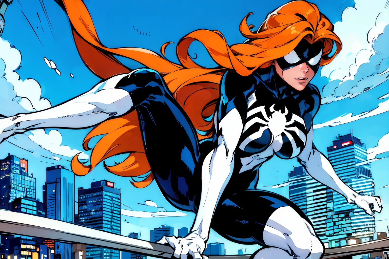 a woman floating in the air, swinging like spiderman,holding white ropes, spider webs, in a cityy sky, beautiful eyes, beautiful girl, high detail skin, high detail eyes, high detail hair, highres, ultra detailed, sharpen picture, Highly detailed, masterpiece, best quality, photorealistic,
<lora:Spider WomanLora:1> 1girl, long hair, bodysuit, spider-girl, skin tight, superhero, mask:1.2