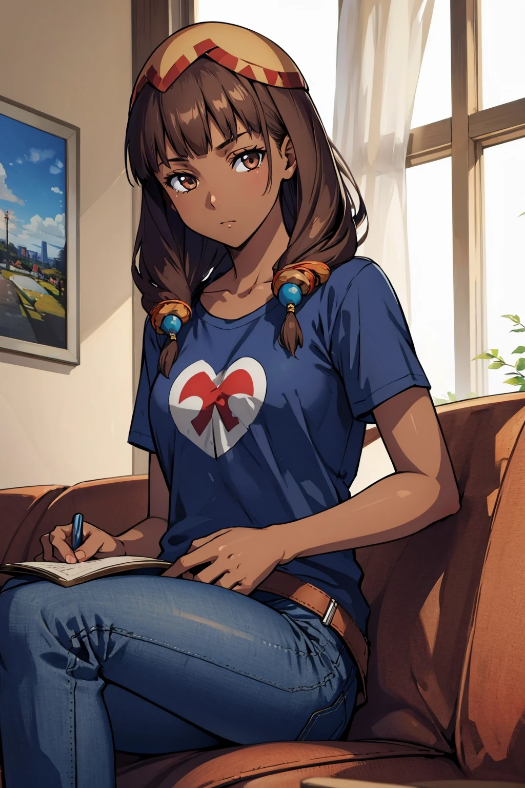 masterpiece, best quality, <lora:cruxie-nvwls-v1-000010:1> cruxie, dark skin, hat, blue t-shirt, jeans, looking at viewer, sitting, couch, apartment, confused, tired