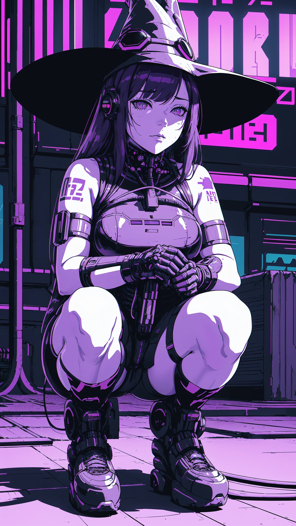 best quality, masterpiece, (detailed:1.2), 1girl, mona, squatting, cutesie, witch hat, science fiction, cyberpunk, purple hair, chromatic aberration, outdoors, city, crowd, faceless crowd","wallpaper, 1boy, solo, male focus, tattoo, monochrome, cyberpunk, (chromatic aberration), detailed background, mechanical parts, cable, indoors