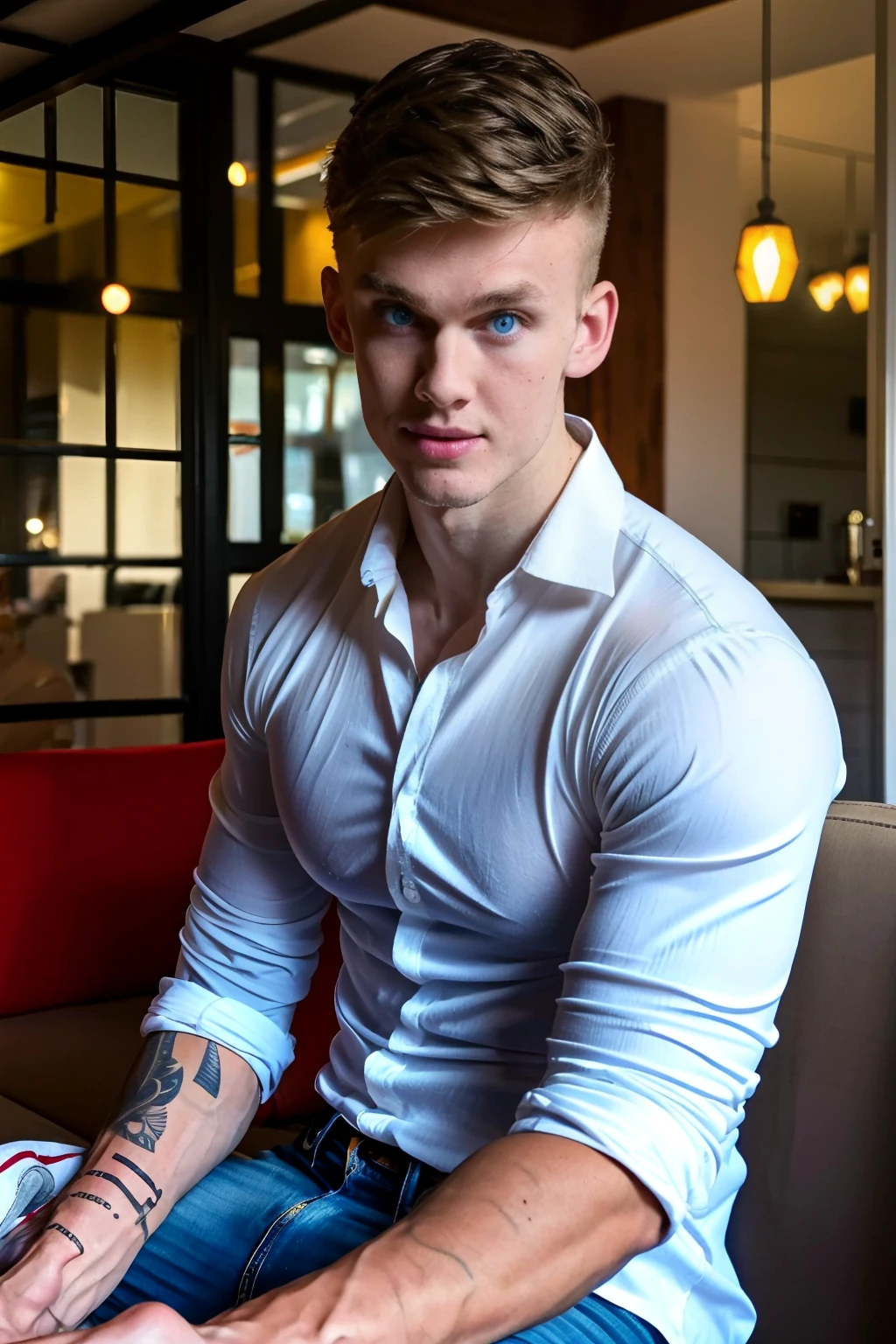 <lora:468C31858D:0.9> Jeorg (1boy) a photorealistic candid still, sitting at a cafe, jeans and white button down dress shirt, (fit 20 year old twunk), muscular fit build, skinny waist, light blue eyes, clean shaven, smooth everywhere, RAW photo, detailed photo, gorgeous, shallow depth of field, bokeh, vibrant saturated color, volumetric lighting, iridescent skin, (surreal:0.4), hyper detailed photorealistic life-like accurate proportional 8k sharp focus, (accurate cinematic lighting), photorealistic detail, (selective focus:0.6)