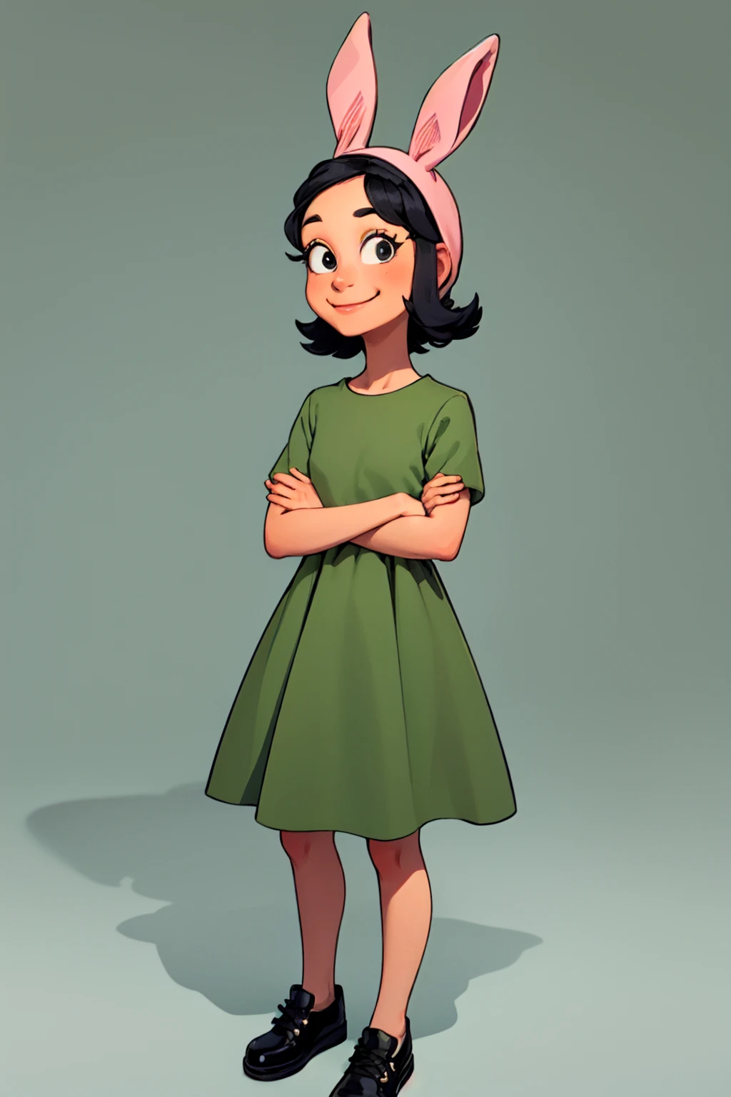 louiseb, bunny hat, 1girl, green dress, solo, black hair, smile, black footwear, short sleeves,looking at viewer, smile,black eyes,looking to the side,crossed arms, <lora:louiseB2.0-000009:0.6>