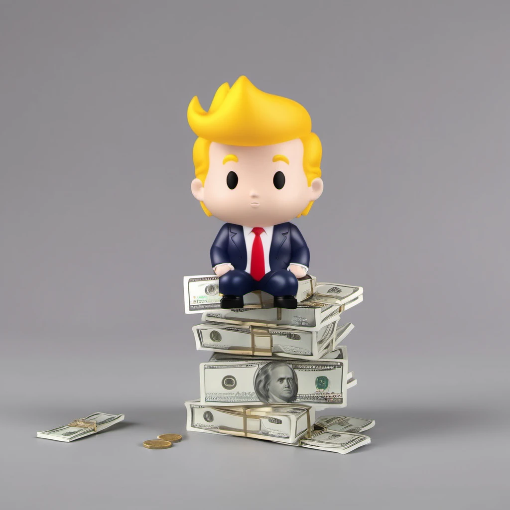 blind box style of trump holding money made of plastic sitting on the ground, chibi, solo,(big head:1.2),small body,octane render, highly detailed, volumetric, dramatic lighting,pop, <lora:pop:0.8>