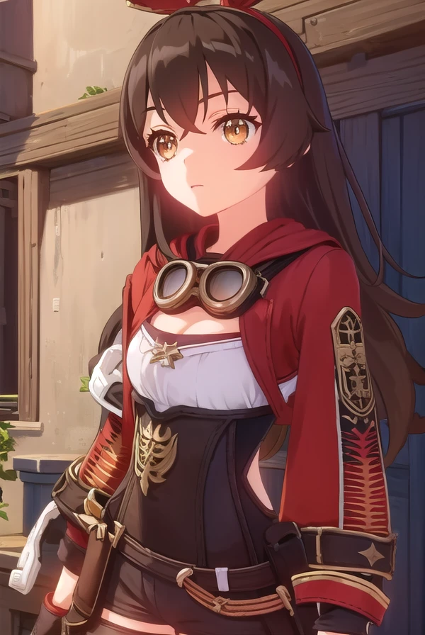 genshinamber, <lora:genshin amber ingame-lora-nochekaiser:1>,
amber, long hair, bangs, brown hair, ribbon, hair between eyes, (brown eyes:1.5), hair ribbon, sidelocks, hairband, smile, grin,
BREAK thighhighs, gloves, long sleeves, cleavage, shorts, white gloves, goggles, goggles around neck,
BREAK outdoors,
BREAK looking at viewer, (cowboy shot:1.5),
BREAK <lyco:GoodHands-beta2:1>, (masterpiece:1.2), best quality, high resolution, unity 8k wallpaper, (illustration:0.8), (beautiful detailed eyes:1.6), extremely detailed face, perfect lighting, extremely detailed CG, (perfect hands, perfect anatomy),
