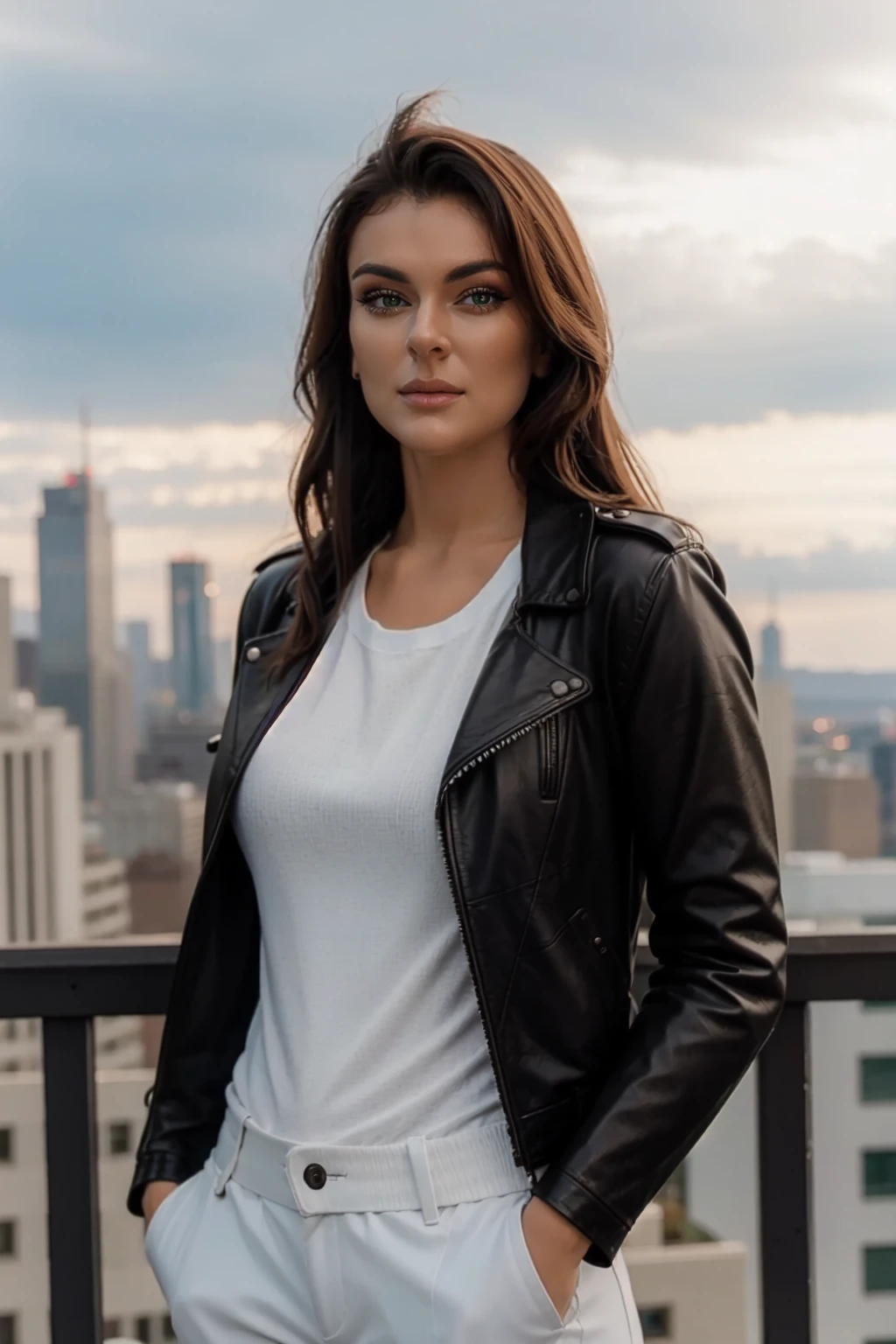 <lora:mondongo_LoRA_SerindaSwan:1> mndngwmn, wearing a leather jacket, on a city downtown , looking at viewer, (ultra realistic, 8k,high quality)