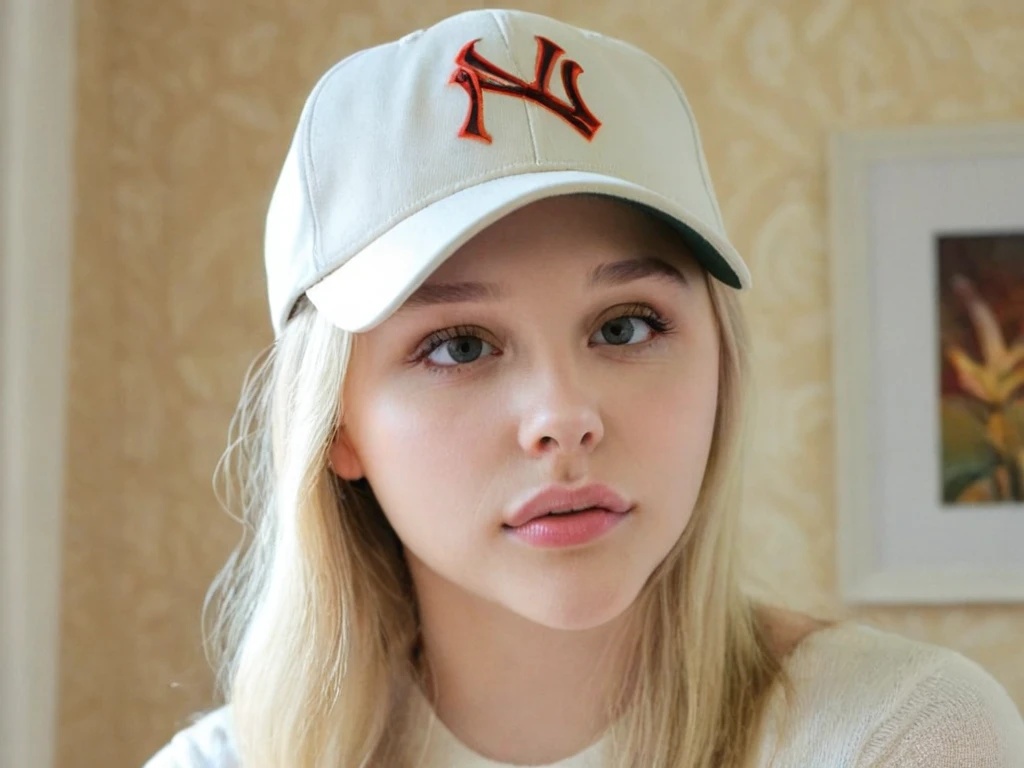 portrait of chloegm, beautiful blonde woman,,posing at home,baseball cap, <lora:chloegmSDXLv2:1>