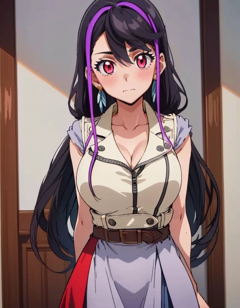 (((masterpiece, best quality, highres))), 1 girl, solo, good hands, looking at viewer, outside, blushing, arms to the side, portrait, standing, round breasts, large breasts, lulu obsidian, black hair with purple highlight, pink eye's, sleeveless vest, two leather belts, gray and red skirt, black pants