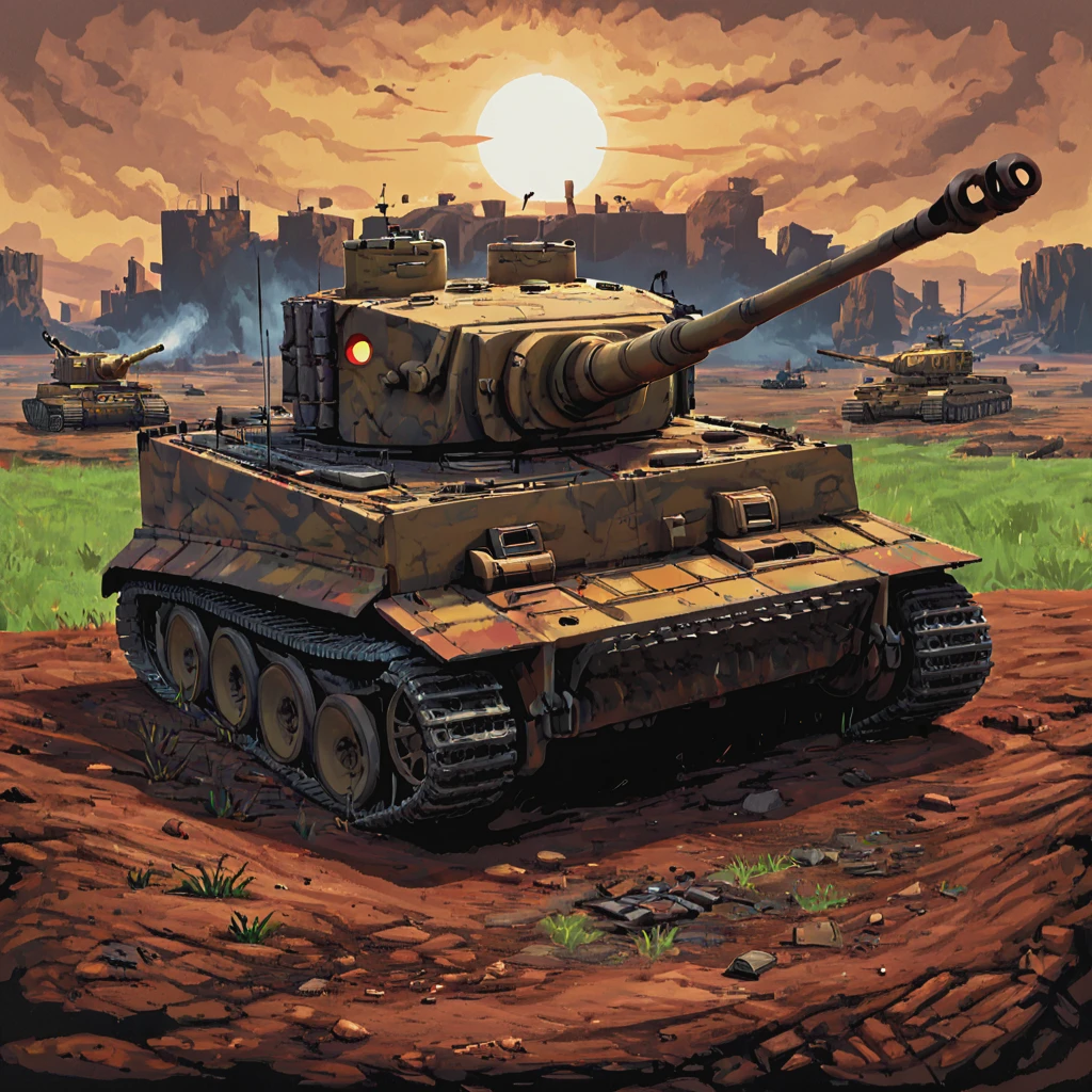 A pnzr4tnk tank advances through the Libyan desert under a scorching sun, part of Rommel's Afrika Korps. The tank's silhouette is set against the vast, open desert, kicking up clouds of dust as it moves to engage British positions, showcasing the tank's role in the North African Campaign ((pulp_comic, heavy_lines, hand_drawn, hand_inked, hand_colored, perfect_face, apxlz))