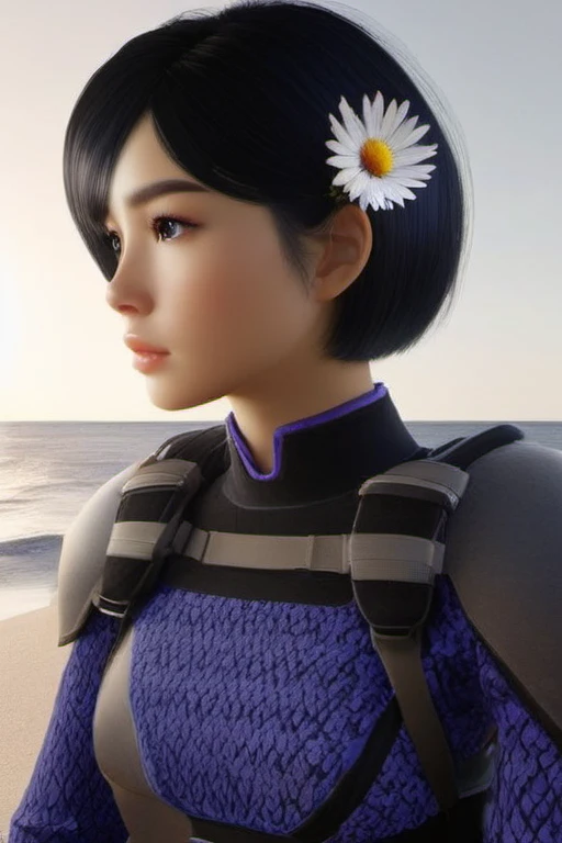 ((cowboy shot)), image of young girl aruni with black hair flower in hair, siting on the beach <lora:Aruni_from_Raibow_Six_Siege_SDXL:0.64> 1girl, aruni, short hair, hair ornament, hair flower, flower, ((slender body, small waist)) she wear ((Lunar Eclipse Shadowmail: An elusive and mysterious suit of armor made from lunar eclipse metal, concealing the wearer in shadows.)) , Sitting on a chair with one hand on the knee and the other hand holding a book or a pencil, with a thoughtful and serious expression on the face.,masterpiece, best quality, unity 8k, octane render, intricated details, perfect quality, perfect face, rim lights, intricated details, realistic shadows, good hands, perfect fingers, in ((A tranquil, sunlit field of daisies)) background, detailed background