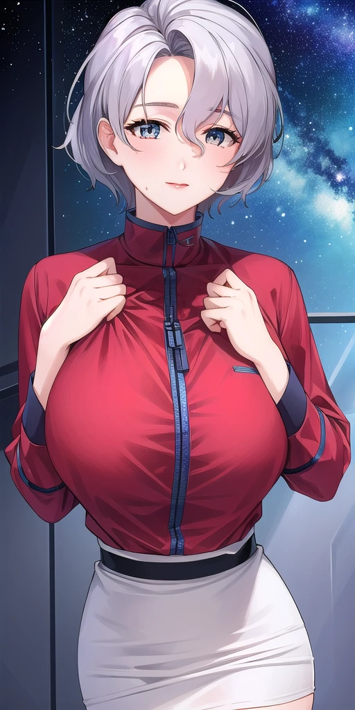 <lora:SallySaintFordV3:0.7> sallysaintford, huge_breasts, standing, solo, Red_shirt_Long_sleeves_Zipper_White_pencil_skirt_miniskirt, starry_sky,, masterpiece, best_quality, detailed_face, detailed_eyes, highres, beautiful, detailed,