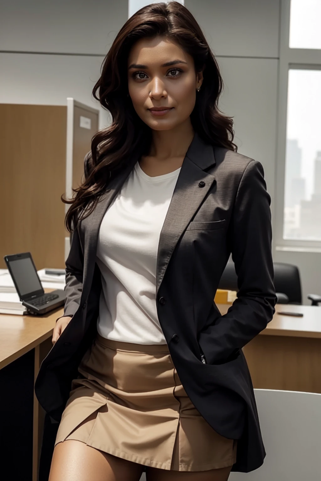 <lora:mondongo_LoRA_ShelleyConn_v2:1> mndngwmn, wearing a suit jacket with a shirt and a skirt, on an office,, (ultra realistic, 8k,high quality)