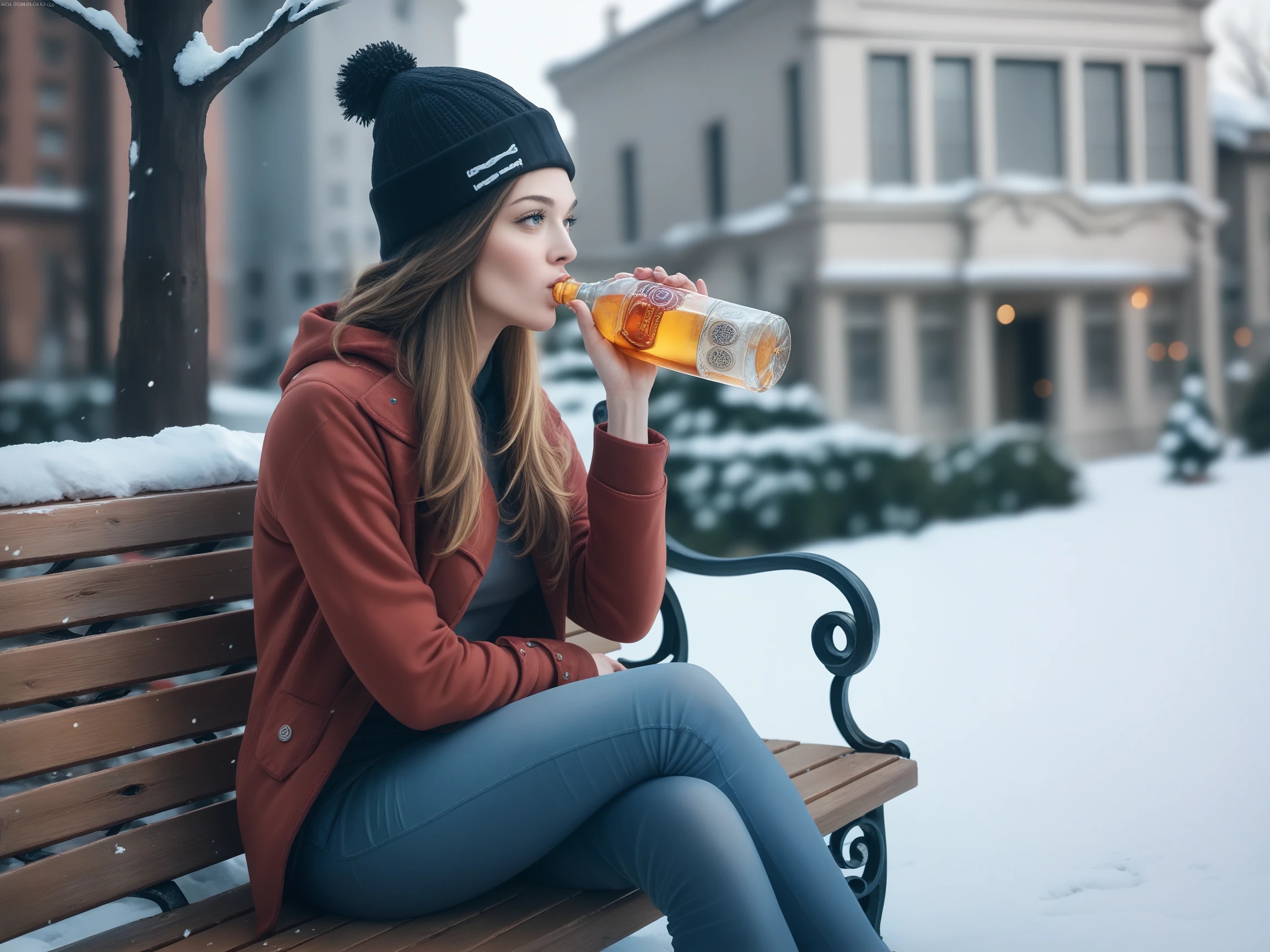 score_9, score_8_up, score_7_up, score_6_up, score_5_up, score_4_up,
<lora:drinking_chugging_pony-adam-cosine-8x4-4x1-cs1-000003:1>, chugging,
a beautiful woman drinking a big liquor bottle, beanie, snow, park bench, knees up, sitting, winter clothes, busy city, winter pants, buildings,, ultra realistic, (high quality, detailed, beautiful), detailed beautiful eyes, realistic, outstanding,
<lora:add-detail-xl:0.7> <lora:xl_more_art-full_v1:0.1>