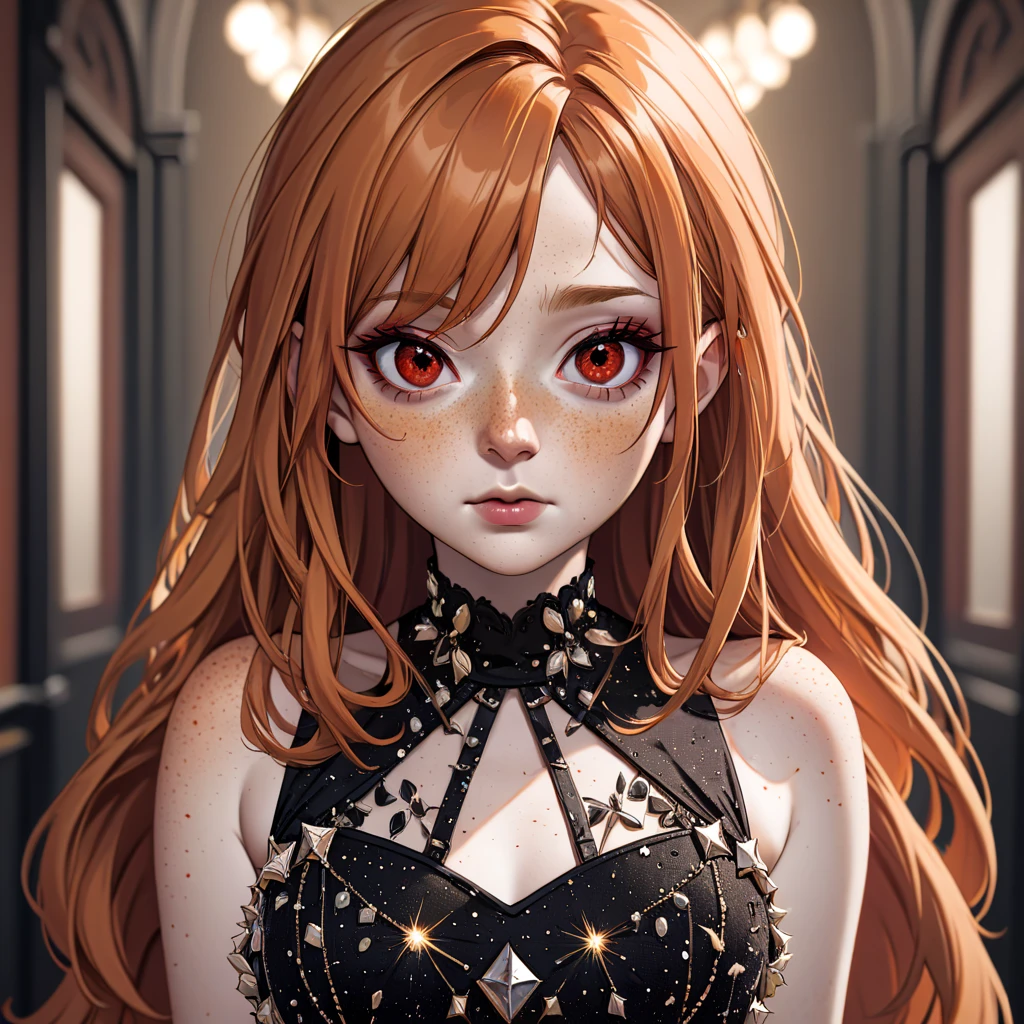 1girl,long_hair,dress,orange_hair, solo,makeup,looking_at_viewer, red_eyes,freckles,upper_body,highly detailed, embellished dress