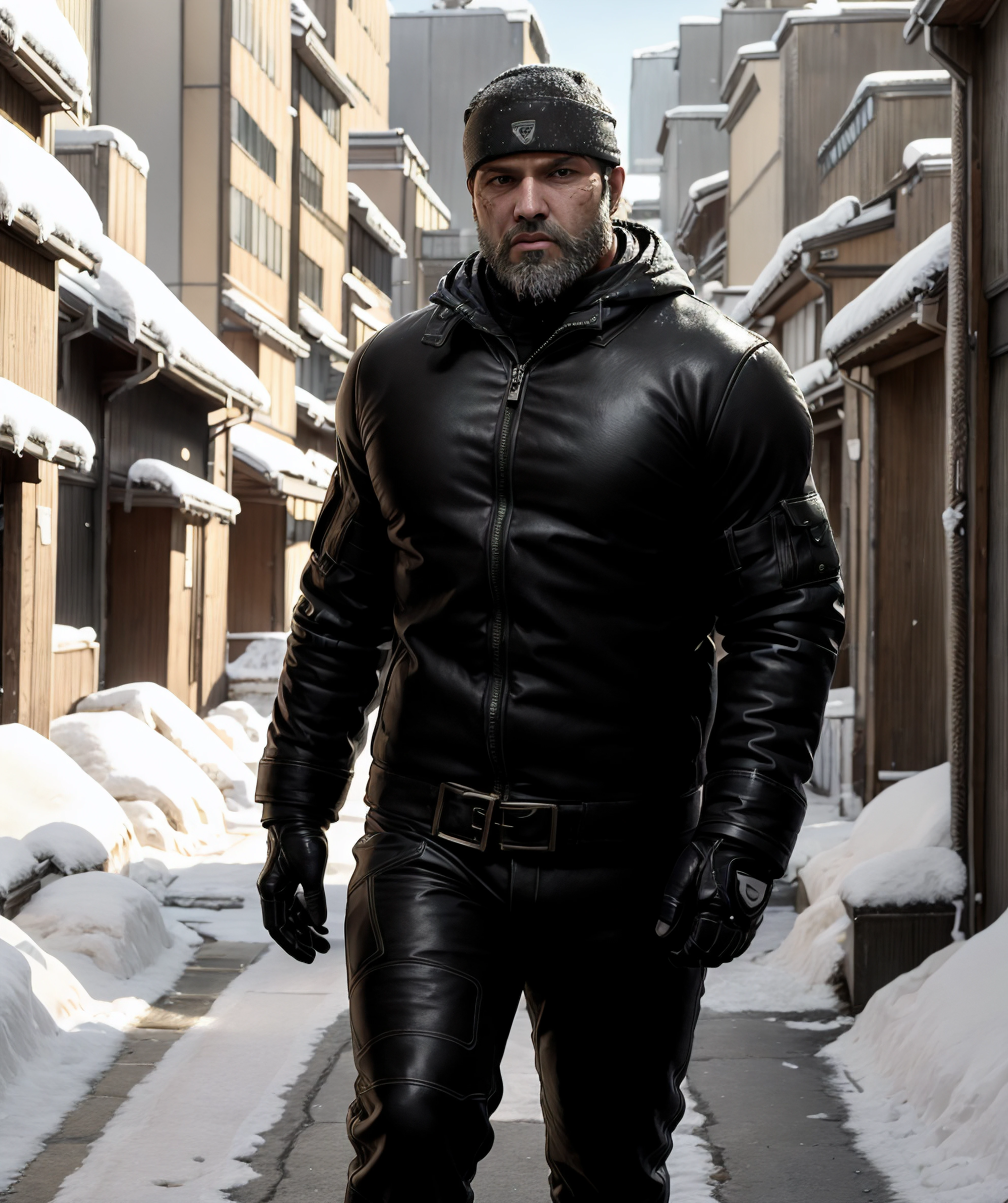 marcus_fenix, (muscular), winter puffy jacket, long pant, looking at viewer, alley of Osaka center, walking, old, beard, snowing, black bandana <lora:Marcus_Fenix:0.8>