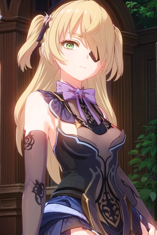 fischl, <lora:genshin fischl ingame-lora-nochekaiser:1>,
fischl, long hair, bangs, blonde hair, ribbon, (green eyes:1.3), hair ribbon, hair over one eye, two side up, eyepatch
BREAK gloves, bow, bare shoulders, black gloves, elbow gloves, bowtie,
BREAK outdoors,
BREAK looking at viewer, (cowboy shot:1.5),
BREAK <lyco:GoodHands-beta2:1>, (masterpiece:1.2), best quality, high resolution, unity 8k wallpaper, (illustration:0.8), (beautiful detailed eyes:1.6), extremely detailed face, perfect lighting, extremely detailed CG, (perfect hands, perfect anatomy),