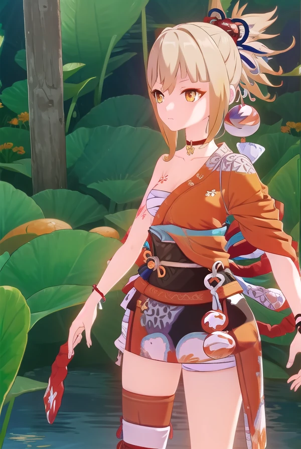 yoimiya, <lora:genshin yoimiya ingame-lora-nochekaiser:1>,
yoimiya, bangs, blonde hair, hair ornament, hair between eyes, ponytail, sidelocks, (orange eyes:1.3), light brown hair, smile,
BREAK thighhighs, gloves, jewelry, japanese clothes, choker, fingerless gloves, kimono, bracelet, sash, tattoo, bandages, obi, rope, asymmetrical legwear, pouch, sarashi, bandaged arm, red choker, arm tattoo, shimenawa, bandaged leg, chest tattoo, hadanugi dousa, orange kimono, single fingerless glove,
BREAK outdoors,
BREAK looking at viewer, (cowboy shot:1.5),
BREAK <lyco:GoodHands-beta2:1>, (masterpiece:1.2), best quality, high resolution, unity 8k wallpaper, (illustration:0.8), (beautiful detailed eyes:1.6), extremely detailed face, perfect lighting, extremely detailed CG, (perfect hands, perfect anatomy),