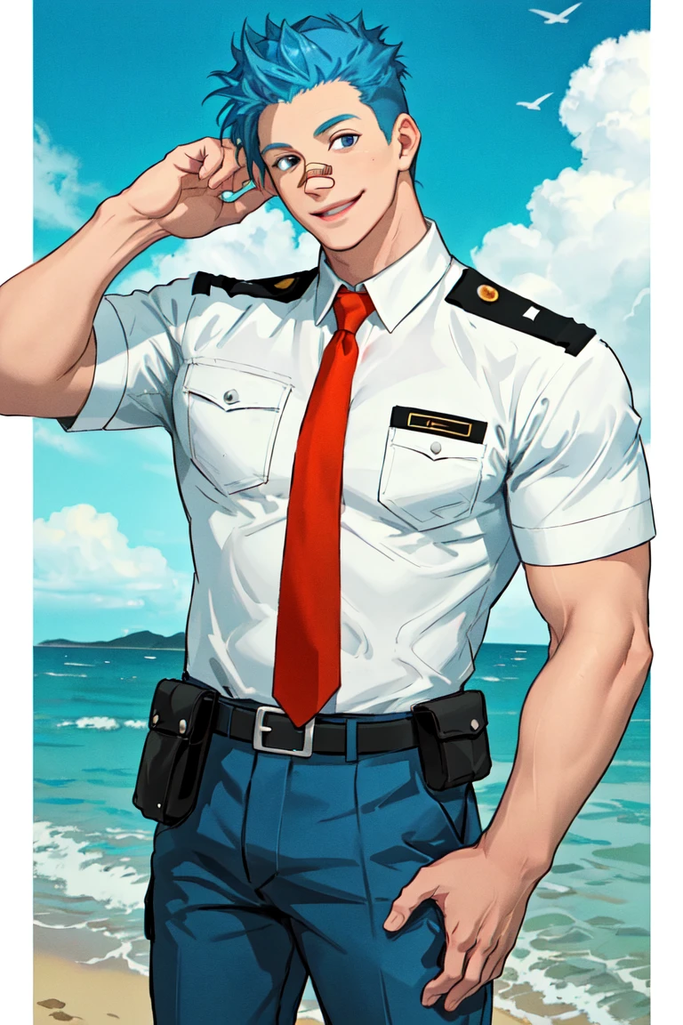 (1 image only),  solo male,  Orville,  Animal Crossing,  personification,  blue hair,  short hair,  black eyes,  aviation pilot uniform,  white collor shirt,  red necktie,  epaulette,  blue pants,  socks,  black footwear,  (bandaid on nose),  mature,  bara,  handsome,  charming,  alluring,  smile,  standing,  upper body,  perfect anatomy,  perfect proportions,  (best quality,  masterpiece),  (perfect eyes,  perfect eye pupil),  perfect hands,  high_resolution,  dutch angle,  cowboy shot,  seaside,  summer,<lora:EMS-298324-EMS:0.600000>