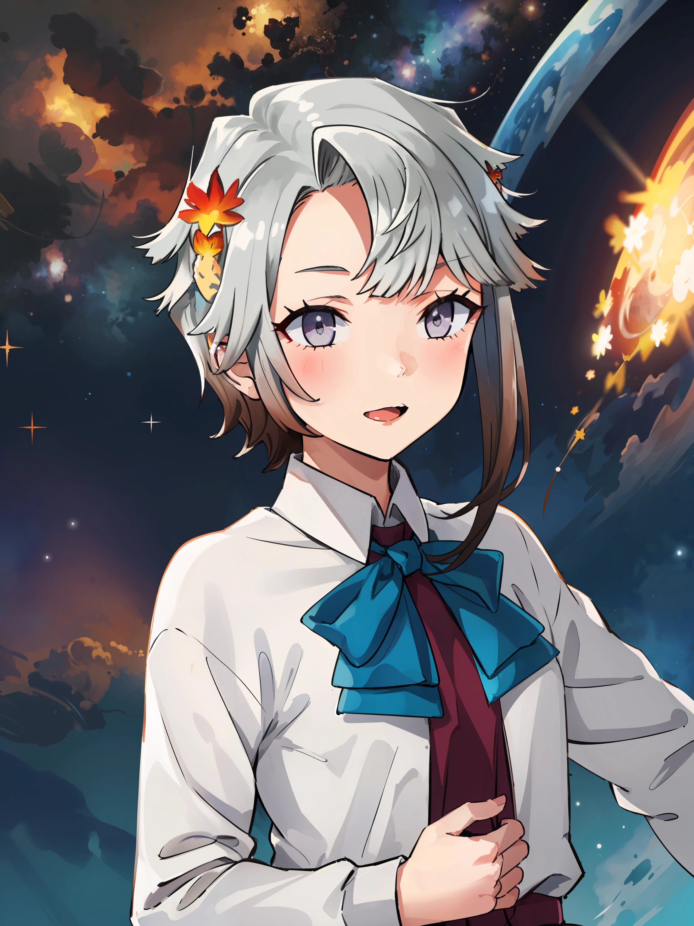 akishimo \(kancolle\), 1girl, solo, shirt, asymmetrical hair, white shirt, upper body, multicolored hair, long sleeves, school uniform, dress, space, short hair with long locks, bow, bowtie, asymmetrical bangs, aqua bow, aqua bowtie, halterneck, purple dress, star \(sky\), original, intricate detail, illustration, masterpiece, extremely detailed CG unity 8k wallpaper, highlight, sharpening, dynamic, <lora:Akishimo:0.8>,