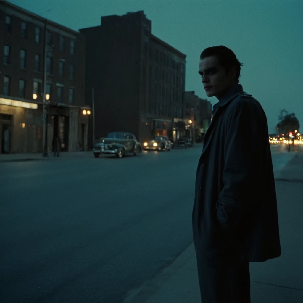 Film noir style, classic film noir style <lora:Classic Film Noir style:1>
the dark knight joker a man in joker costume standing on a city street at night,cinematic,film,Hollywood,crime,drama,dramatic,dramatic light,low light,dim light,low-key light,shadow,partially covered in shadow,window light,dark light,cynical,1940s,1950s,classic,vintage,retro,visual style,realistic,film still,black film,night light,blue hour,motion picture,filmmaking style,neorealism,classic film noir style,solo,black hair,1boy,standing,jacket,male focus,outdoors,sky,pants,night,ground vehicle,building,night sky,scenery,city,road,lamppost,street,traffic light, looking at camera, Monochrome, high contrast, dramatic shadows, 1940s style, mysterious, cinematic