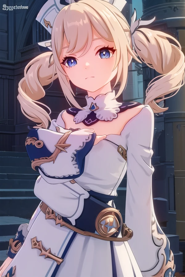 genshinbarbara, <lora:genshin barbara ingame-lora-nochekaiser:1>,
barbara, long hair, bangs, blue eyes, blonde hair, hair between eyes, twintails, sidelocks, drill hair, light brown hair, twin drills, smile,
BREAK long sleeves, hat, dress, bow, detached sleeves, white dress, detached collar, vision \(genshin impact\),
BREAK outdoors,
BREAK looking at viewer, (cowboy shot:1.5),
BREAK <lyco:GoodHands-beta2:1>, (masterpiece:1.2), best quality, high resolution, unity 8k wallpaper, (illustration:0.8), (beautiful detailed eyes:1.6), extremely detailed face, perfect lighting, extremely detailed CG, (perfect hands, perfect anatomy),