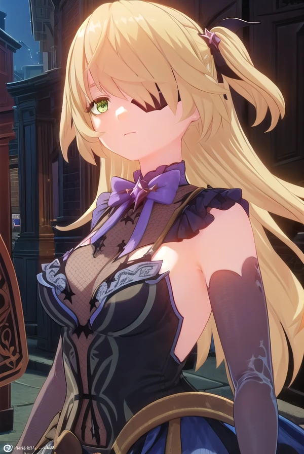 fischl, <lora:genshin fischl ingame-lora-nochekaiser:1>,
fischl, long hair, bangs, blonde hair, ribbon, (green eyes:1.3), hair ribbon, hair over one eye, two side up, eyepatch
BREAK gloves, bow, bare shoulders, black gloves, elbow gloves, bowtie,
BREAK outdoors,
BREAK looking at viewer, (cowboy shot:1.5),
BREAK <lyco:GoodHands-beta2:1>, (masterpiece:1.2), best quality, high resolution, unity 8k wallpaper, (illustration:0.8), (beautiful detailed eyes:1.6), extremely detailed face, perfect lighting, extremely detailed CG, (perfect hands, perfect anatomy),