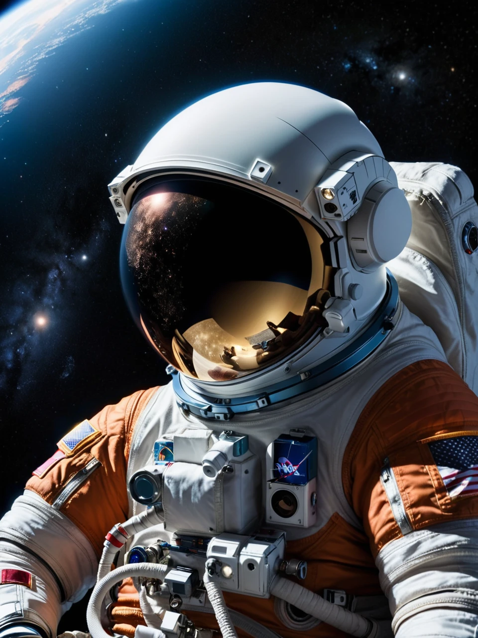 A lone astronaut, floating in space, looks at a photograph inside his helmet. His spacesuit is worn and frosted over, illuminated by a distant star. He experiences deep loneliness; the scene is cinematic and frames the insignificance of man in the universe.