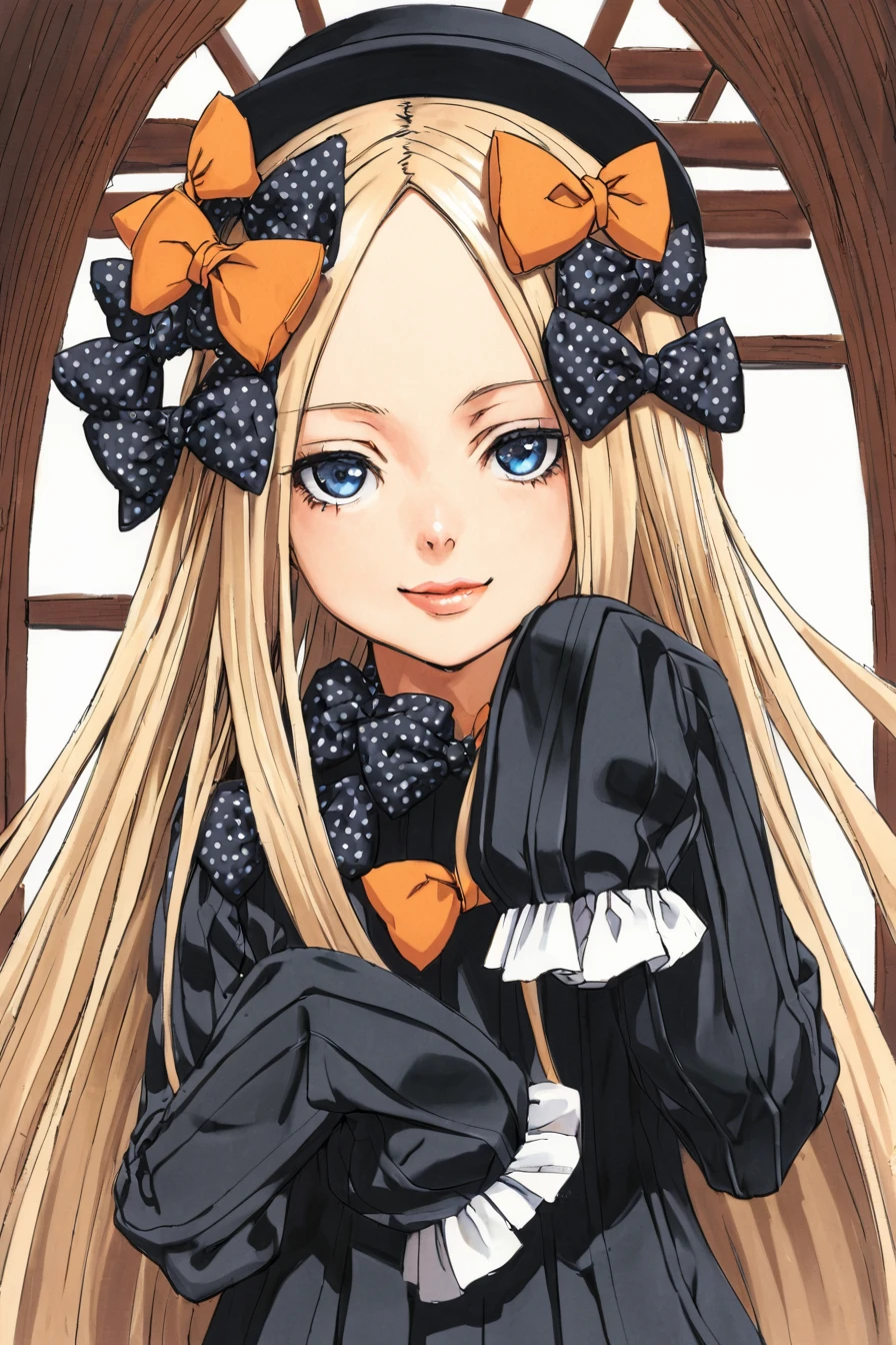  best quality,，Guilty Gear style,1girl, solo, abigail williams (fate), orange bow, long hair, blonde hair, bow, blue eyes, hat, hair bow, sleeves past wrists, looking at viewer, parted bangs, black bow, black headwear, sleeves past fingers, dress,  black dress, polka dot bow, long sleeves, bangs, closed mouth, lips, forehead, polka dot, smile, upper body, hands up, very long hair, multiple hair bows