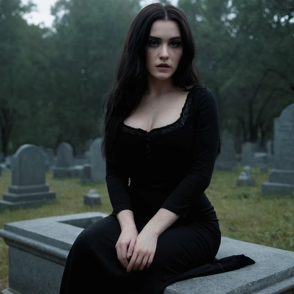 cinematic film still of cinematic film still of <lora:Hyperrealism style:1> sharp detailed,
a woman in a black dress sitting on a grave,1girl,solo,long hair,breasts,looking at viewer,black hair,medium breasts,sitting,barefoot,blood,pale skin,blood on hands , realistic, real, photo real, cinematic, dramatic, film look, dramatic light, unreal engine, 3D computer graphics, hdr, Hyperrealism Style, gothic, witch, dark, night, grave, tomb, forest, staring, black sclera, shallow depth of field, vignette, highly detailed, high budget, bokeh, cinemascope, moody, epic, gorgeous, film grain, grainy