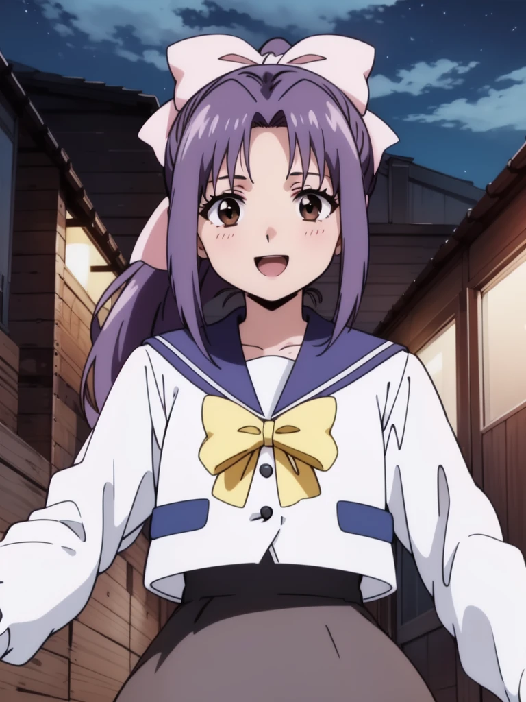 <lora:Koigakubo_Momoko:0.8>, koigakubomomoko, 1girl, school uniform, solo, bow, smile, happy, skirt, night, open mouth, brown eyes, sky, looking at viewer, sailor collar, ponytail, long hair, hair bow, yellow bow, outdoors, shirt, purple hair, cloud, night sky, long sleeves, moon, ribbon, serafuku, bangs, pink bow, hair ribbon,
outdoor, sunset, 2000s \(style\), anime, anime_screencap, animated gif, mp4 ,video, animated,