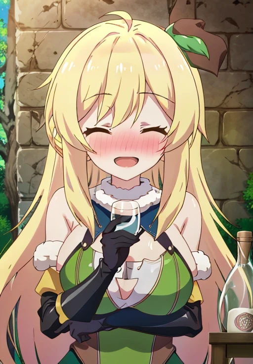 <lora:Killing_Slimes_300_Yrs_Max_Level:1>, Halkara, solo, breasts, smile, open mouth, gloves, holding, cleavage, bare shoulders, closed eyes, upper body, :d, outdoors, detached sleeves, teeth, armor, tree, cup, fur trim, clothing cutout, ^_^, nose blush, upper teeth only, parody, cleavage cutout, bottle, holding cup, facing viewer, alcohol, round teeth, drunk, wall, brick wall, anime coloring, rena erindel