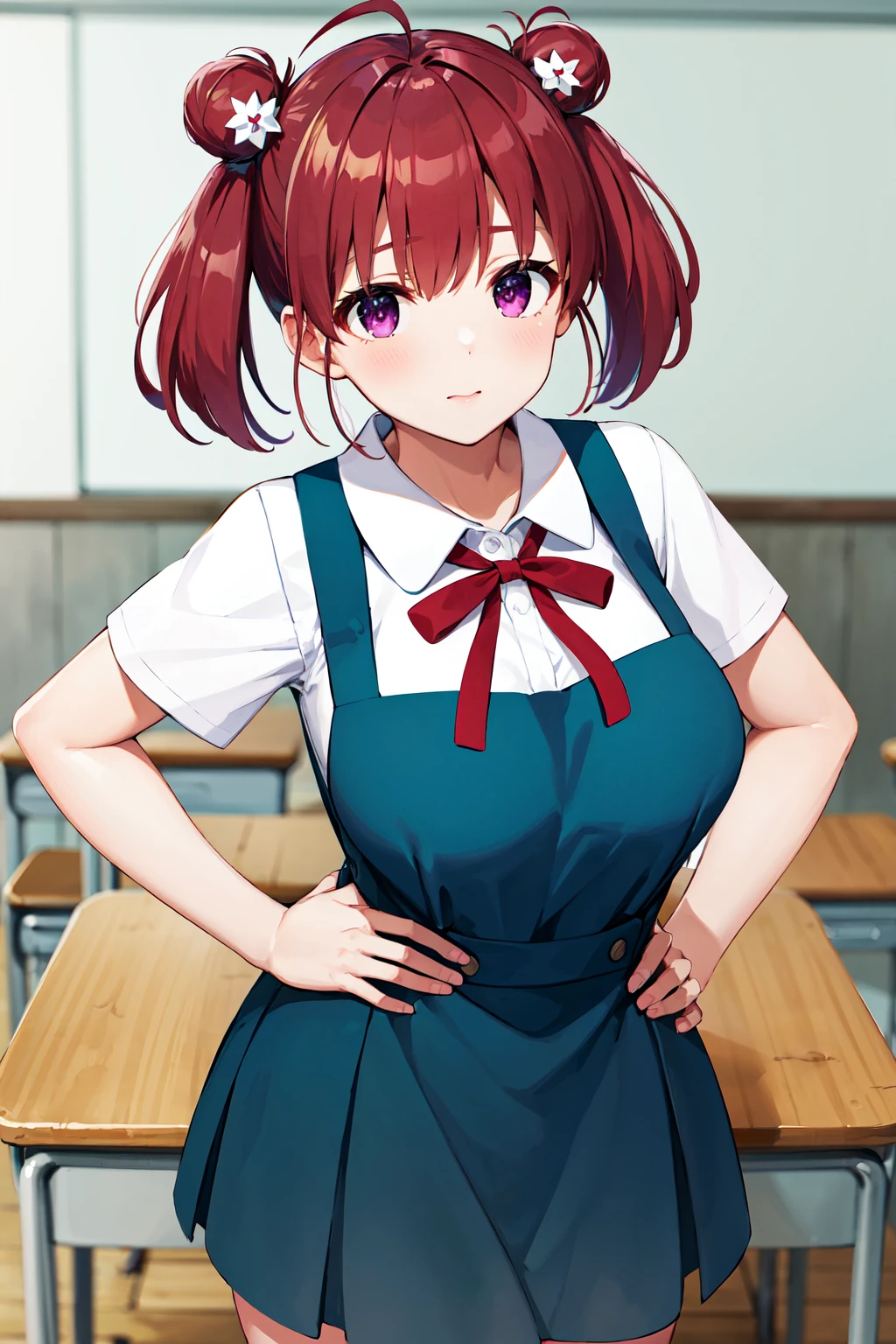 masterpiece, best quality, highres, 1girl, solo, short hair, red hair, short twintails, double bun, ahoge, hair ornament, purple eyes, large breasts, school uniform, neck ribbon, white shirt, pinafore dress, short sleeves, <lora:hashima_izumi_v1:0.7>, hand on hip, classroom, cowboy shot,