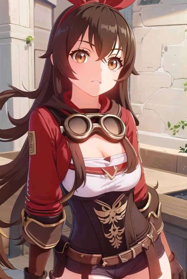 genshinamber, <lora:genshin amber ingame-lora-nochekaiser:1>,
amber, long hair, bangs, brown hair, ribbon, hair between eyes, (brown eyes:1.5), hair ribbon, sidelocks, hairband, smile, grin,
BREAK thighhighs, gloves, long sleeves, cleavage, shorts, white gloves, goggles, goggles around neck,
BREAK outdoors,
BREAK looking at viewer, (cowboy shot:1.5),
BREAK <lyco:GoodHands-beta2:1>, (masterpiece:1.2), best quality, high resolution, unity 8k wallpaper, (illustration:0.8), (beautiful detailed eyes:1.6), extremely detailed face, perfect lighting, extremely detailed CG, (perfect hands, perfect anatomy),