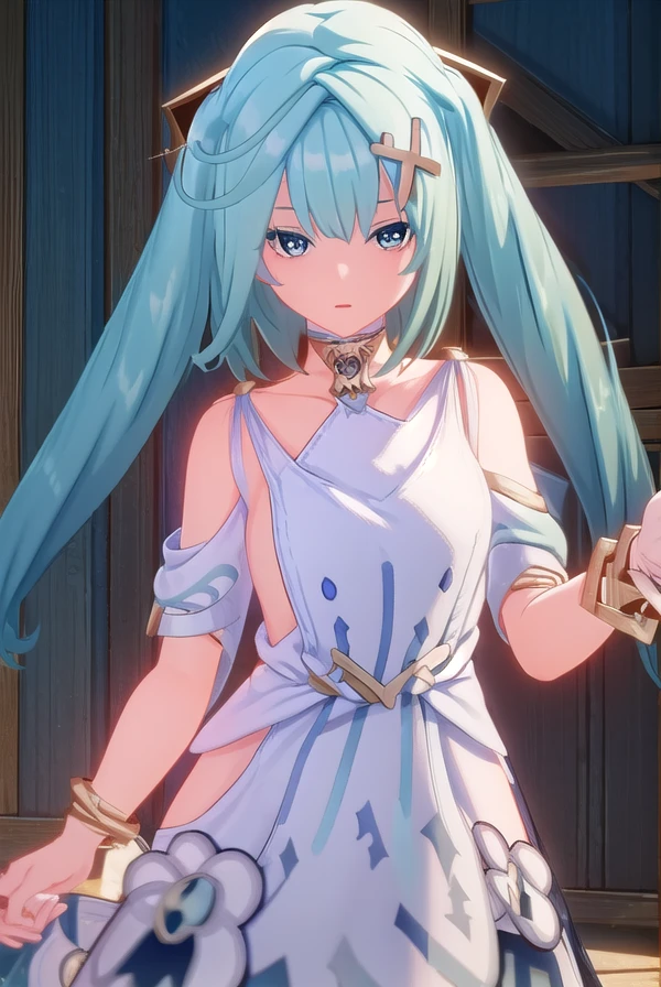 faruzan, <lora:genshin faruzan ingame-lora-nochekaiser:1>,
faruzan, long hair, bangs, hair ornament, twintails, blue hair, ahoge, aqua hair, x hair ornament, cowlick,
BREAK dress, jewelry, white dress, bracelet, shoulder cutout,
BREAK outdoors,
BREAK looking at viewer, (cowboy shot:1.5),
BREAK <lyco:GoodHands-beta2:1>, (masterpiece:1.2), best quality, high resolution, unity 8k wallpaper, (illustration:0.8), (beautiful detailed eyes:1.6), extremely detailed face, perfect lighting, extremely detailed CG, (perfect hands, perfect anatomy),