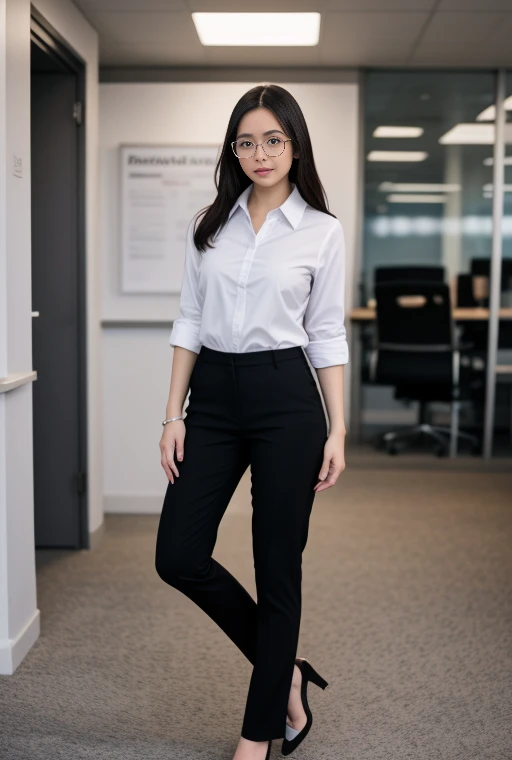 full body shot of business photo of ranulysid, pants, black attire, big breasts, big round metal glasses, collared shirt, tucked shirt, <lora:ranulysid:1>. Professional attire, workplace setting, confident. Whole outfit, clear, sharp, balanced