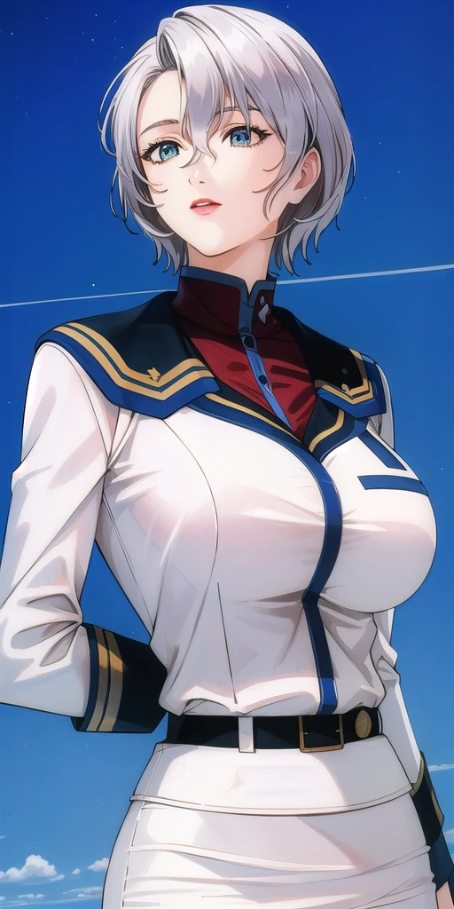 <lora:SallySaintFordV3:0.7> sallysaintford, huge_breasts, standing, solo, Naval_uniform_White_jacket_White_pencil_skirt_miniskirt_Belt_long_sleeves_turtleneck, starry_sky,, masterpiece, best_quality, detailed_face, detailed_eyes, highres, beautiful, detailed,