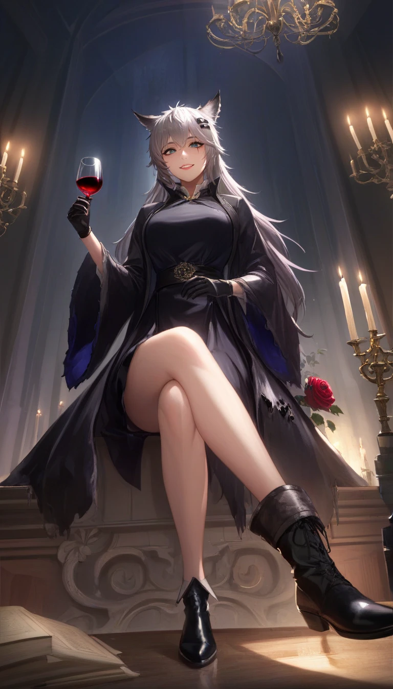  scar across eye,  
lappland_(refined_horrormare)_(arknights), 1girl,solo,long hair, looking at viewer, smile, bangs, blue eyes,skirt,shirt,hair ornament, gloves, long sleeves, dress, holding, animal ears,sitting, white shirt, flower, grey hair, boots, parted lips, open clothes, black gloves, hairclip, indoors,hand up,wide sleeves,black skirt,black footwear,grin,black dress,official alternate costume,cup,coat,feet out of frame,rose,wolf ears,knee boots,crossed legs,red flower,holding cup, alcohol,drinking glass,open coat,black coat,red rose, scar across eye, candle, wine glass, wine, oripathy lesion (arknights), candlestand, lappland (arknights)
(masterpiece, best quality), dim light, cinematic shot, absurdres, HD, 8k, beautiful, detailed, sharp, cinematic lighting, highest quality, ((perfect face, very deep eyes)), Milf, mature female,
(