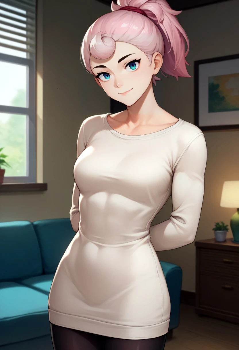 score_9, score_8_up, score_7_up, source_anime, solo, 1girl, bsjanet, smile, closed mouth, looking at viewer, arms behind back, ponytail, sweater dress, long sleeves, black pantyhose, indoors, living room <lora:brawlstars_janet_ponyXL:1>