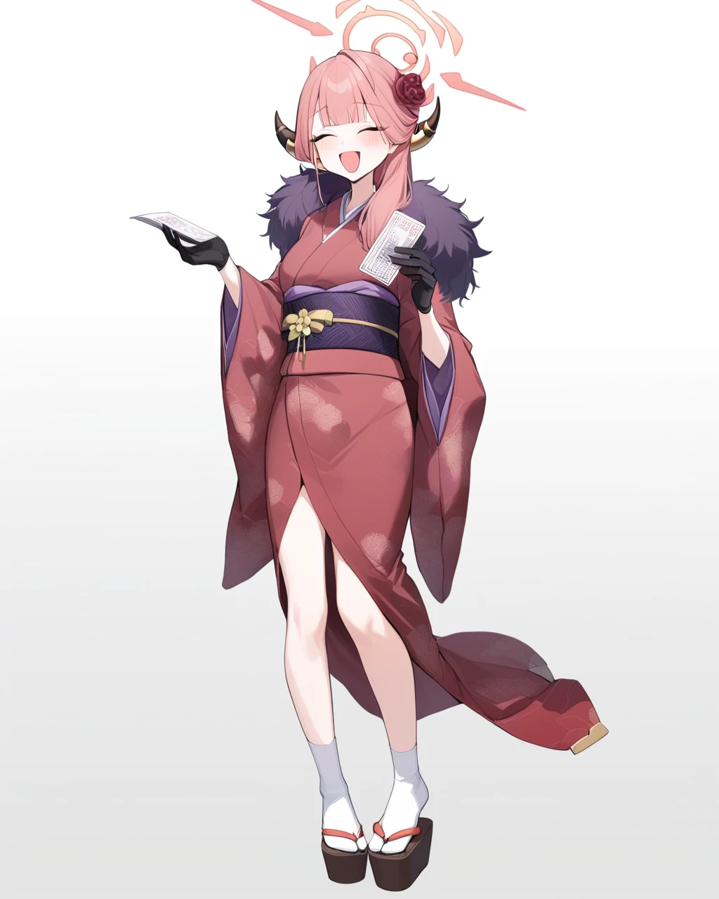masterpiece,best quality,<lora:aru:1>,1girl,aru_\(blue_archive\),kimono,gloves,japanese_clothes,solo,halo,horns,black_gloves,flower,closed_eyes,hair_ornament,fur-trimmed_kimono,obi,tabi,hair_flower,sash,floral_print,pink_hair,smile,wide_sleeves,purple_kimono,open_mouth,full_body,bangs,hair_bun,demon_horns,fur_trim,holding,blush,long_sleeves,standing,print_kimono,white_background,laughing,red_kimono,simple_background,card,single_hair_bun,:d,zouri,paper,omikuji,