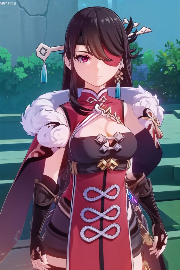 beidou, <lora:genshin beidou ingame-lora-nochekaiser:1>,
beidou, long hair, bangs, brown hair, black hair, hair ornament, (red eyes:1.3), (hair over one eye:1.5), (eyepatch:1.5), hairpin, (one eye covered:1.5), smile, grin,
BREAK thighhighs, gloves, cleavage, jewelry, earrings, black gloves, fingerless gloves, fur trim, chinese clothes, vision \(genshin impact\),
BREAK outdoors,
BREAK looking at viewer, (cowboy shot:1.5),
BREAK <lyco:GoodHands-beta2:1>, (masterpiece:1.2), best quality, high resolution, unity 8k wallpaper, (illustration:0.8), (beautiful detailed eyes:1.6), extremely detailed face, perfect lighting, extremely detailed CG, (perfect hands, perfect anatomy),