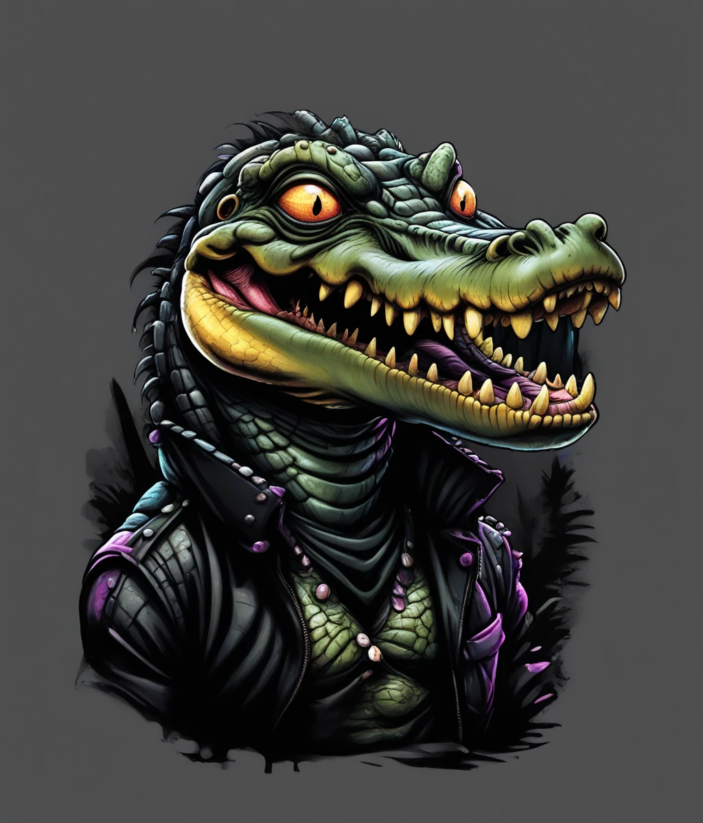 DFxnk style design of a gator eating a donut on a black background