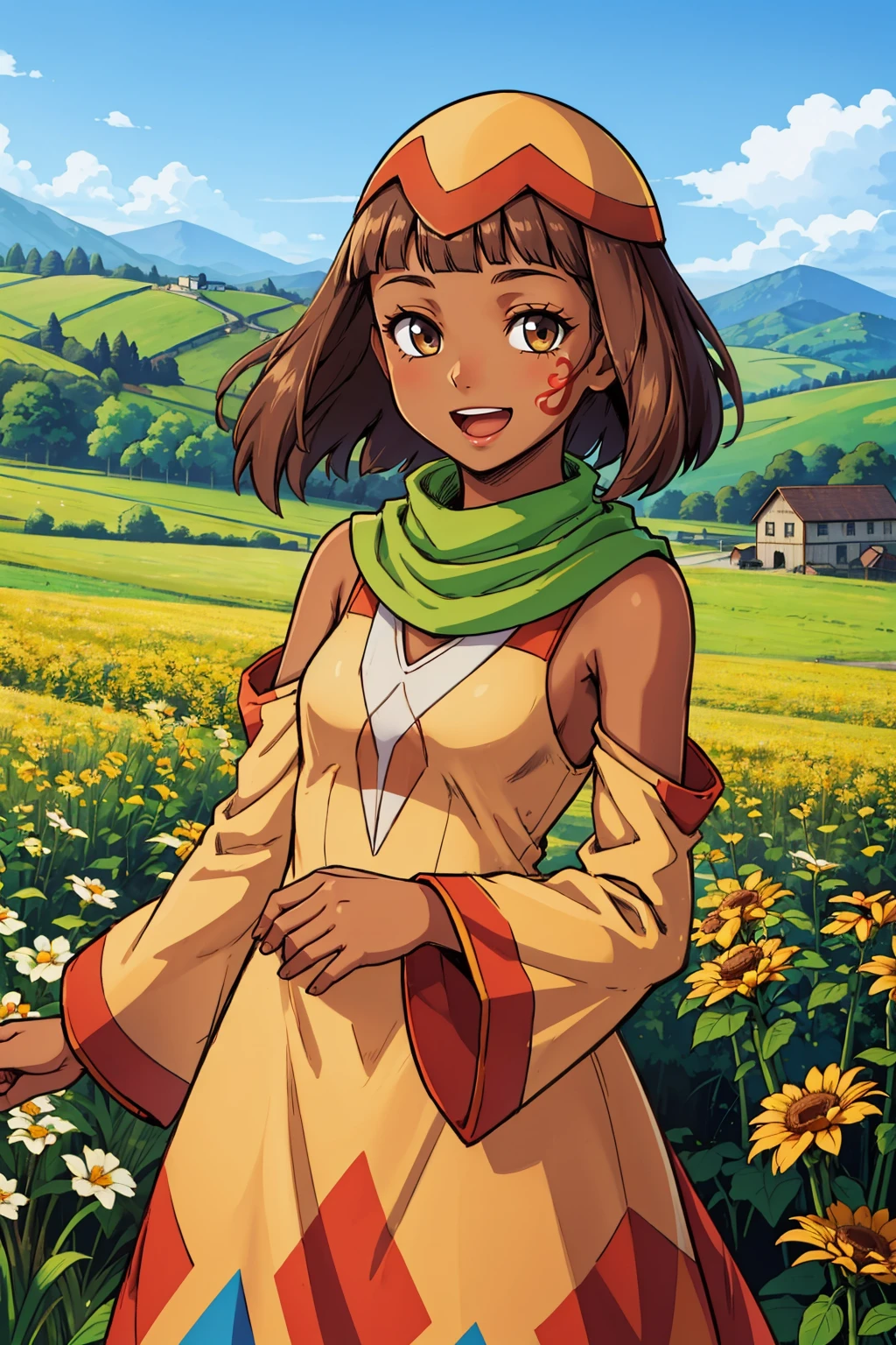 masterpiece, best quality, <lora:cruxie-nvwls-v1-000010:0.9> cruxie, dark skin, facepaint, hat, tan dress, green scarf, detached sleeves, looking at viewer, smile, open mouth, village, farm, field