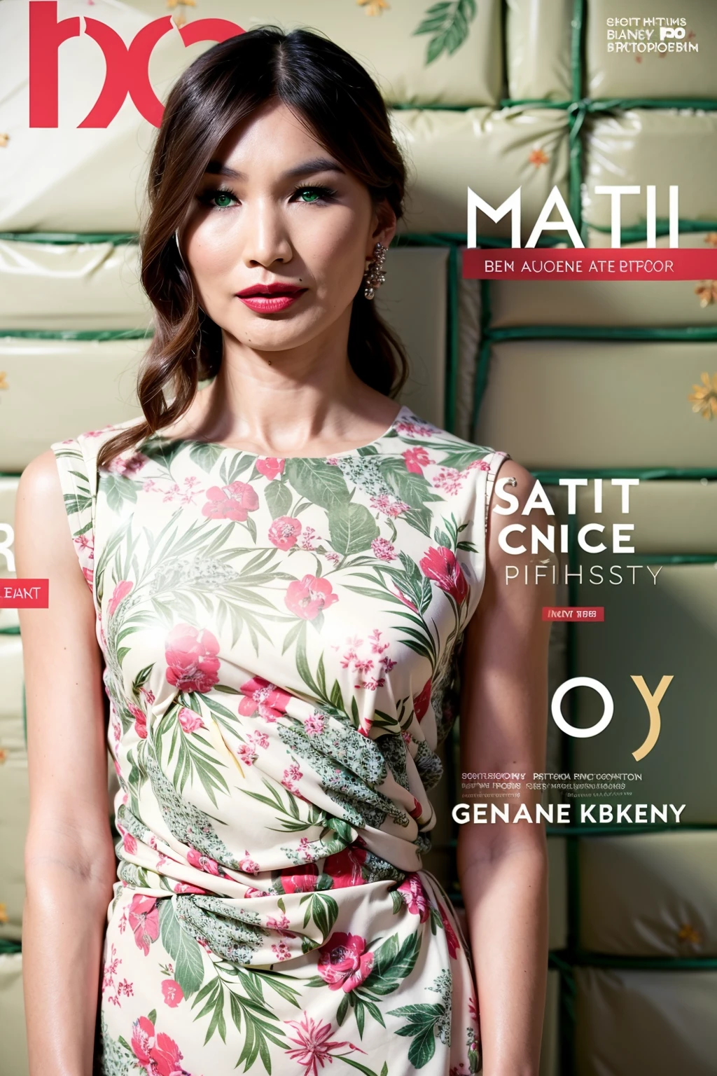 striking mid-30s Patricia Lewis, jet black fair-skinned Korean woman, dark brown eyes, pixie cut, subtle smirk, topless,teal sarong, sexy pose, on a magazine cover, text at the top reads "PRIVATE" and the letter "125" below that, primag <lora:Private_Magazine:1>